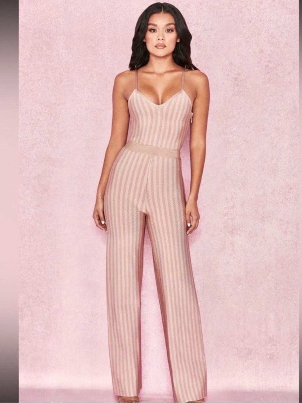 House of CB Blush Pink Striped Ribbed Spaghetti‑Strap Jumpsuit🔥🔥